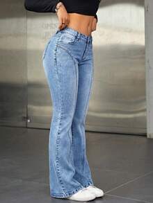 SHEIN ICON Jeans acampanados de tiro bajo con lavado retro - Lavado ligero - Ver 2