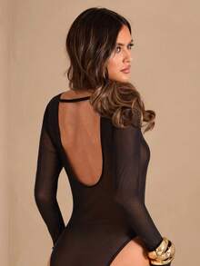 SHEIN BAE Body de manga larga transparente negro con cuello redondo y espalda descubierta, body minimalista básico para mujer - Negro - Ver 2