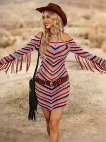 SHEIN LUNE Damen Western Lässig Off-shoulder Regenbogen gestreiftes Ärmel Fransen Musik Festival figurbetontes Sweatkleid - Verschiedenfarbig - Übersicht 3