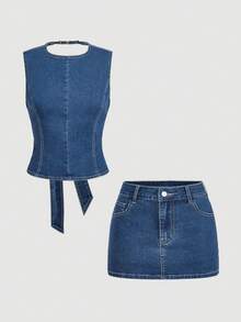 Sweetra Fashionable Casual Women Elegant Sleeveless Top Paired With Denim Skirt Suit - Medium Wash - View 1