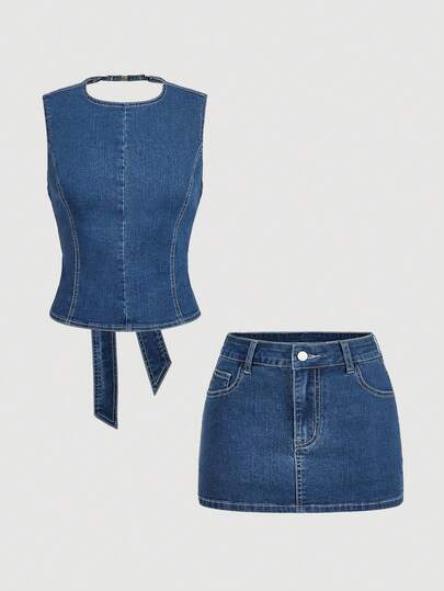 Sweetra Fashionable Casual Women Elegant Sleeveless Top Paired With Denim Skirt Suit