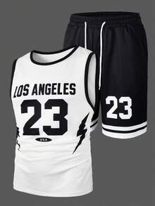 Manfinity Campus Court Men's Letter Print Round Neck Tank Top And Drawstring Waist Shorts Casual Suit - Multicolor - View 1