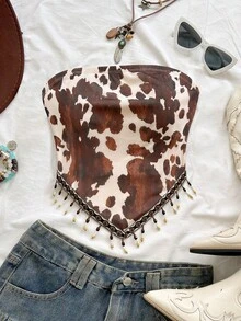 Soleia Damen Urlaubs-Strick-Trägertop mit bedrucktem Patchwork und Perlen-Kette, geeignet für Party, Weihnachten, Date, Nachtclub, Strand, Kreuzfahrt, Nachmittagstee, Bohemian, Boho, Urlaub, Herbst - Verschiedenfarbig - Übersicht 5