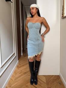 StreetHx Women's Frayed Hem Fitted Denim Cami Dress - Blue - View 4
