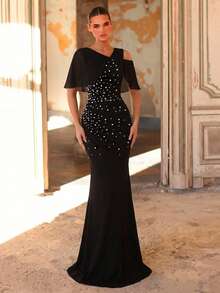 Aureia Falda de punto elástico con pliegues y mangas de chifón elegante y lujosa, adecuada para boda, fiesta, vacaciones, baile de graduación, madre de la novia, vestido de noche - Negro - Ver 4