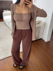 DAZY 3pcs Set Minimalist Knit Cardigan, Pleated Camisole, Loose Pants Women Pajama Set - Coffee Brown - View 1
