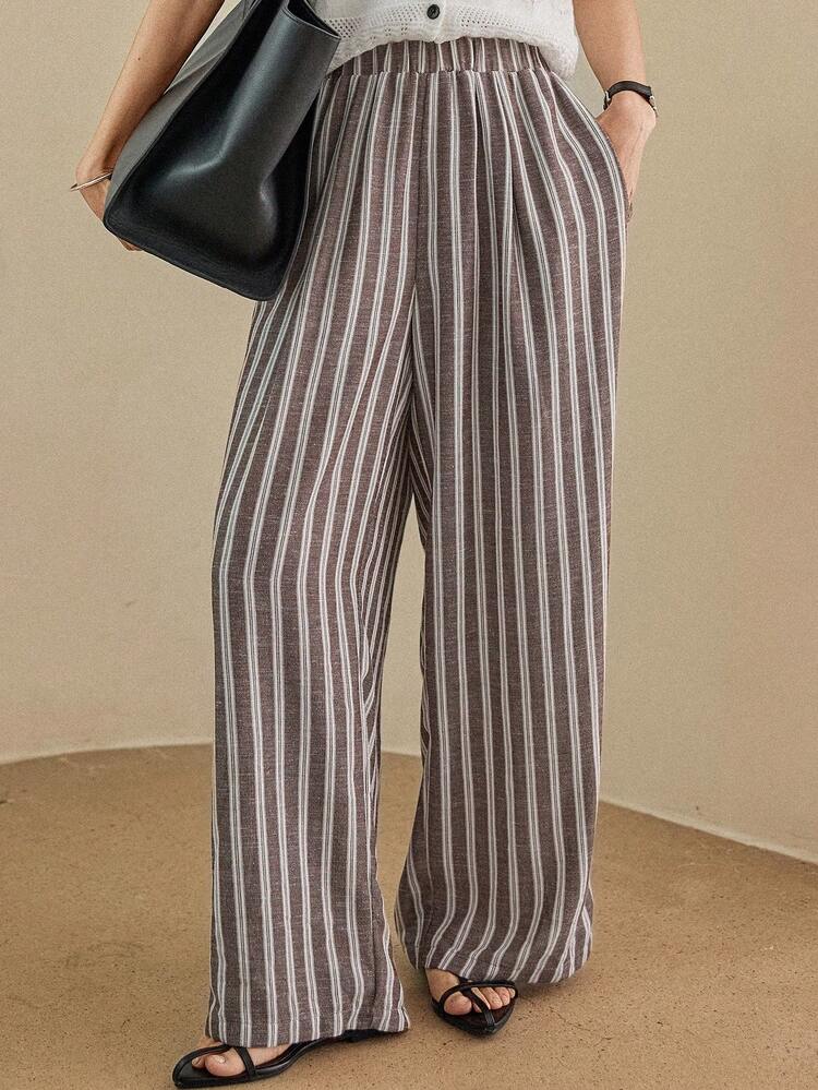 Women's Striped Pocket Casual Versatile Wide Leg Pants For Daily Wear Summer