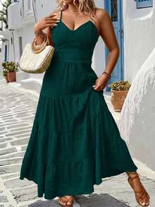 Breezaya Plus Size Solid Color Ruffle Hemline Backless Spaghetti Strap Sleeveless Dress For New Year Clothes, For Thanksgiving Maxi Women Outfit - Dark Green - View 4