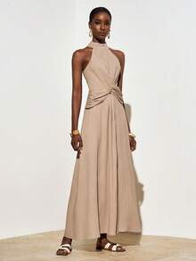 Zivah Women's Solid Color Halter Neck Ruched Vintage Style Long Dress, Suitable For Dates, Parties Resort Dresses Vacation Dresses For Dinner Neutral Dresses For Women Wrap Around Dresses For Ladies Yacht Dress Wrap Dress Wedding Guest Wow Dress - Khaki - View 7