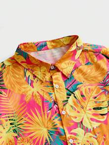 EASEVO Plus Size Men's Tropical Plant Print Short Sleeve Single-Breasted Casual Shirt - Multicolor - View 8