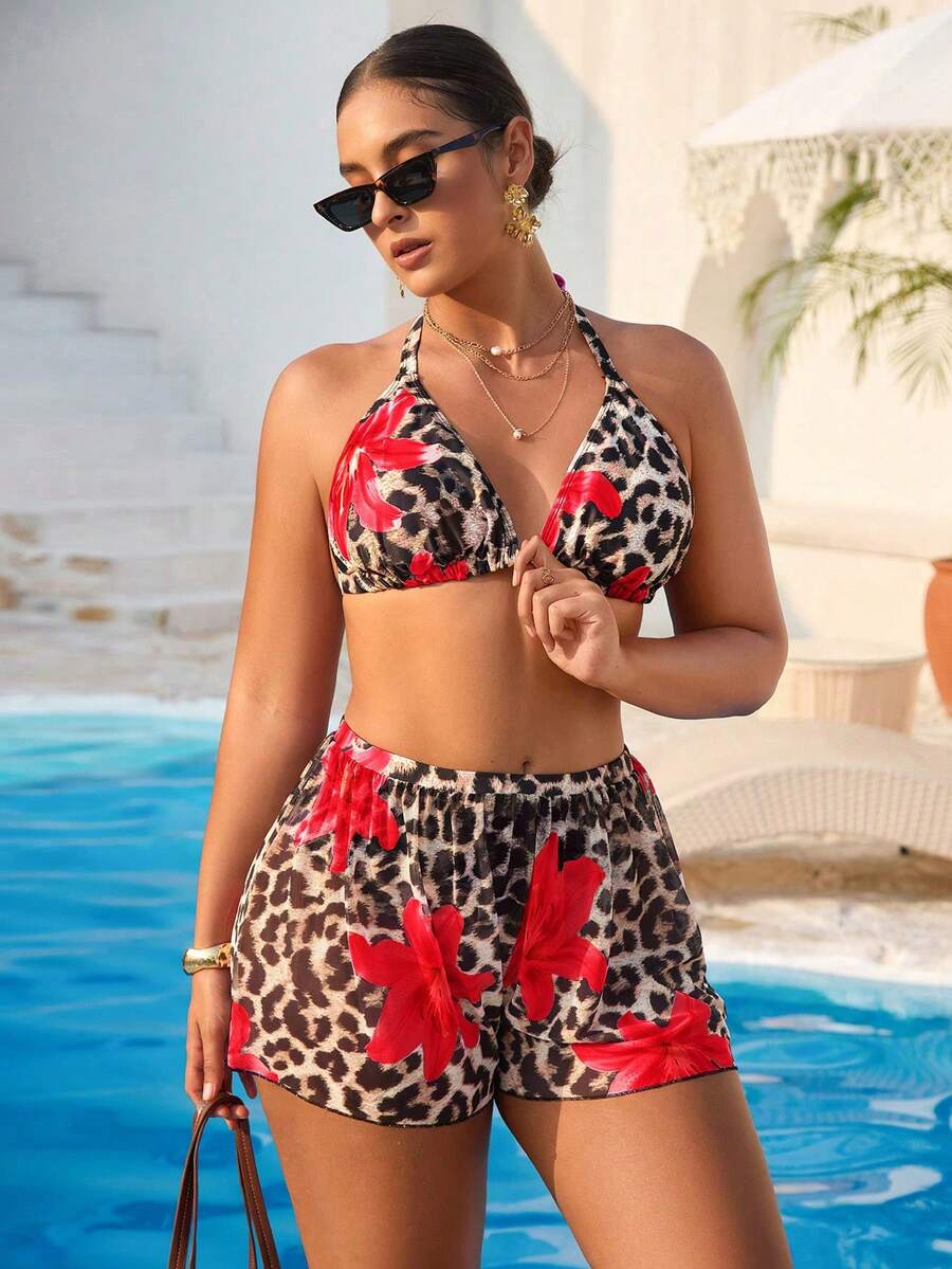 Swim Vcay Plus Size Leopard & Floral Print Swimwear Set - Multicolor - View 1