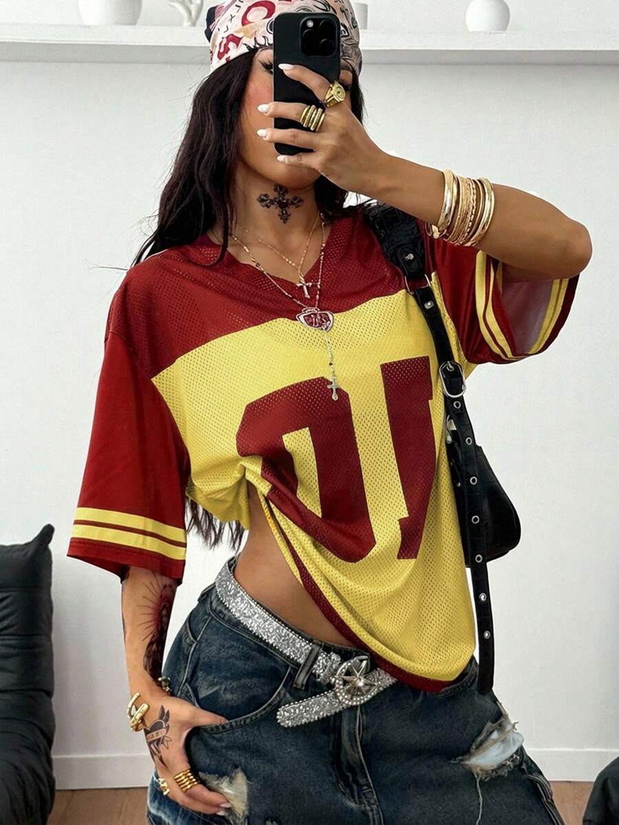 Coolane 女士夏季街头风休闲运动印花透气网眼宽松针织T恤 - 黃色 - 查看 1