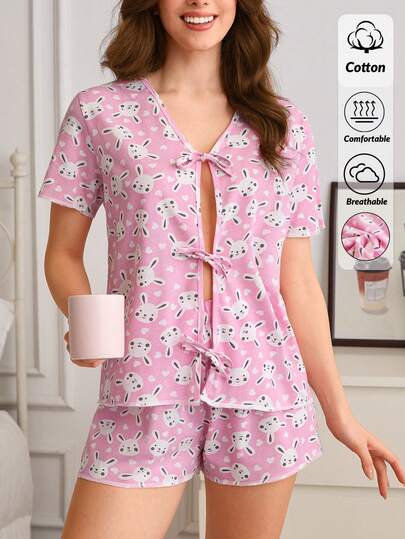 SHEIN Cotton Pink Rabbit Pattern Bow Button Front Detail Short Sleeved Shirt &Shorts Homewear Comfort 2pcs Casual Pajama Set