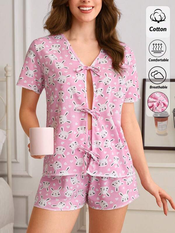 SHEIN Cotton Pink Rabbit Pattern Bow Button Front Detail Short Sleeved Shirt &Shorts Homewear Comfort 2pcs Casual Pajama Set