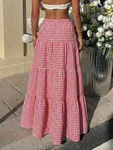 MainGRL Falda a cuadros rojos y blancos casual y juvenil para mujer de primavera/verano de SHEIN , para playa y vacaciones de primavera/verano - Rojo y blanco - Ver 2