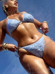 SHEIN BAE Plus Size Turquoise Sexy Lace Floral Bikini Two Pieces Swimwear Summer Beach Vacation Bathing Suit - Blue - View 3