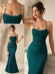Coutiva 女士纯色水钻装饰美人鱼优雅腰身婚纱伴娘礼服 - 墨綠色 - 查看 10
