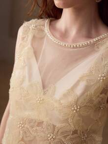 MOTF PREMIUM BLUSA ELEGANTE DE MUJER CON BORDADO DE CUENTAS TRANSPARENTE - Albaricoque - Ver 2