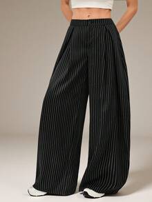 SHEIN Tall بنطلون نسائي صيفي فينتاج كاجوال هيبي شارع كبير الحجم أخضر عسكري - الأسود - View 4