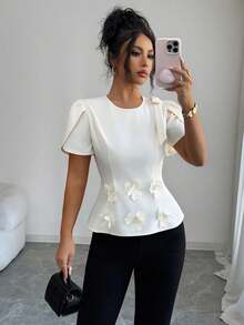Selianne Asymmetrical Floral Bow Petal Sleeve Blouse,Pearls Decor Waist Linen-Like Fabric Top For Women,Off-White,Summer,Elegant,Tea Party 3d Flower - Apricot - View 5