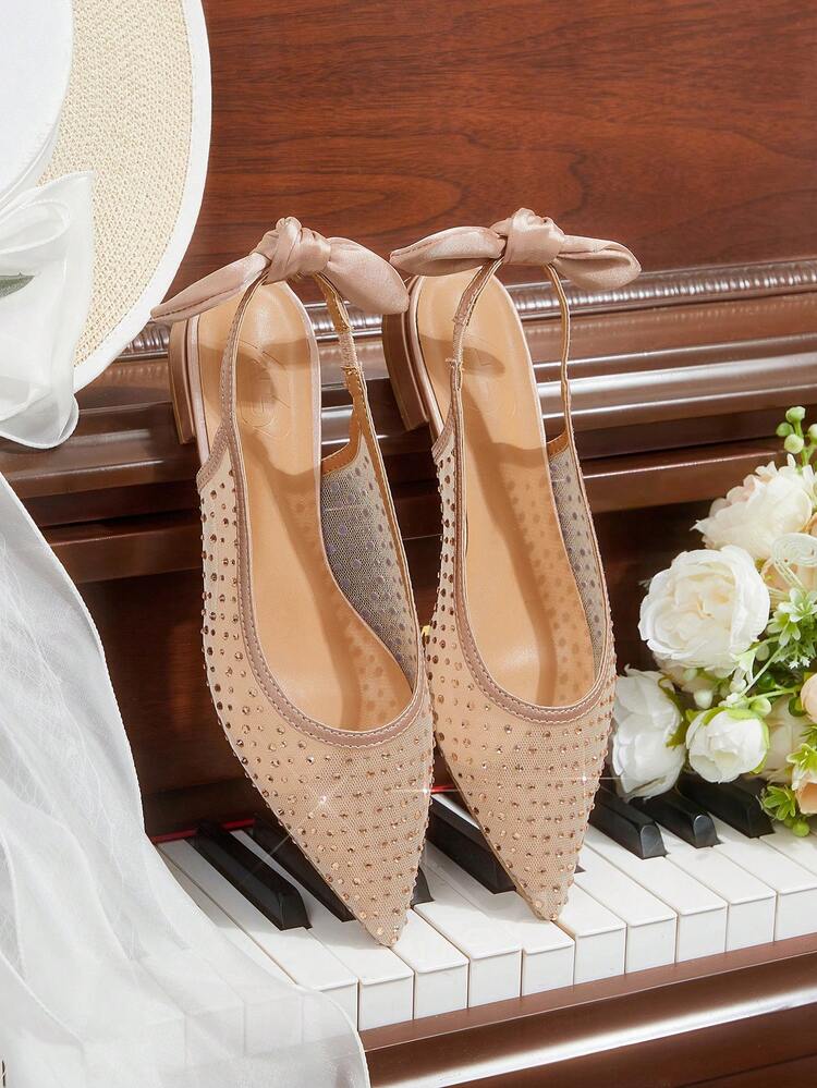 CUCCOO HITCHD Women Shoes New Fashionable French Mesh Rhinestone Pointed Flat-Soled Shoes, Slingback Bow, Comfortable, Elegant And Versatile, Not Tired Of Feet, Champagne Hot Rhinestones Are Very Beautiful Summer Shoes Wedding Shoes Bride Shoes