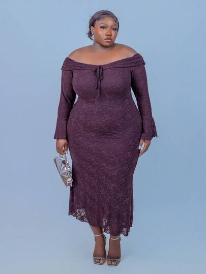 CurvyTilda 大码女式紫色蕾丝露肩优雅长裙，适合新年、情人节、约会、派对、通勤、度假