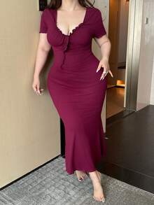 Dazy Plus Ruffled Trim Tie-Front Bodycon Plus Size Women Nightgown Loungewear Summer Pajamas - Red Violet - View 5