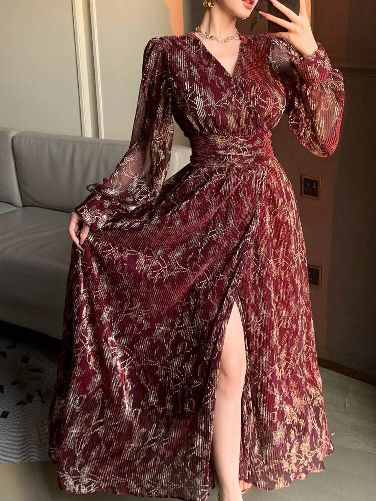 Women's V-Neck Printed Sheer Textured Fabric Waist Cinched Elegant Dress Sundress