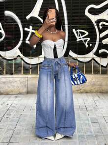 Slaydiva 女士毛边阔腿宽松休闲百搭牛仔裤 - 藍色 - 查看 7