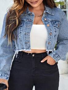 Slaydiva Plus Size Women Long Sleeve Single-Breasted Frayed Hem Casual Denim Jacket - Blue - View 1