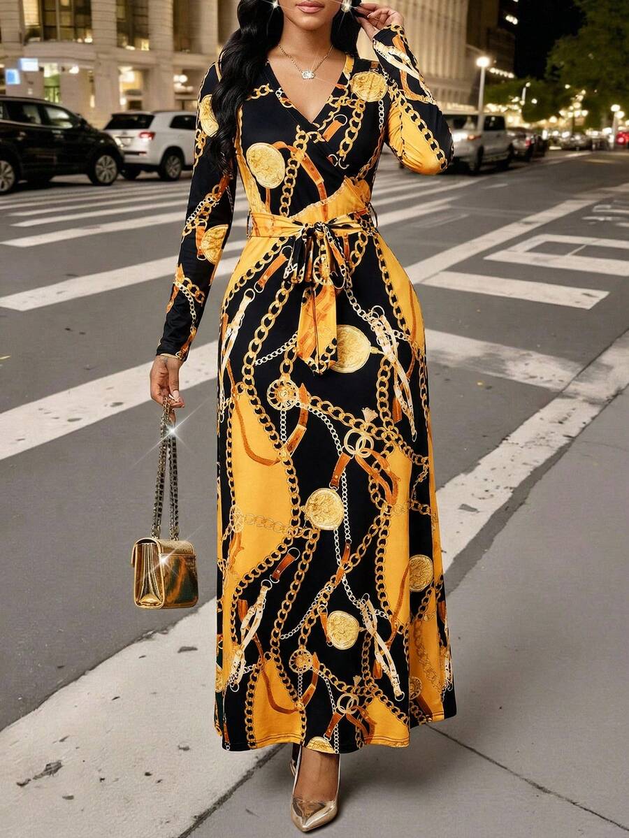 SHEIN Lady Women's Fashionable Commuter Colorblock Chain Print Long Dress - Yellow - View 1
