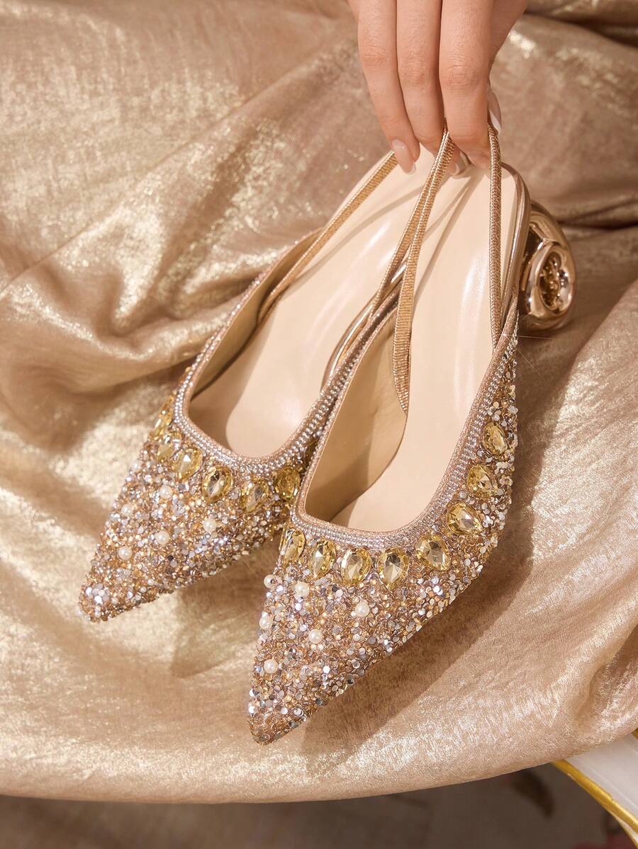 CUCCOO TILAWA New Ladies Elegant Champagne Brown Gradual Change Pearl Rhinestones Full Diamond Pointed High Heels Women's Ring Shaped With One Word Sandals Banquet Dress Wedding Shoes - Champagne - View 1