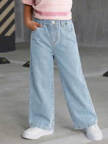 Girls' Versatile Fashion Distressed Straight Leg Blue Jeans - Light Wash - View 3