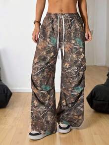 SHEIN PETITE Trang phục mùa thu cho nữ: Quần nỉ ống rộng kẻ sọc cơ bản họa tiết cành cây, thích hợp cho lễ Halloween. - xanh quân đội - Xem 4