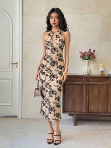 EastFlair Đầm midi cổ yếm họa tiết hoa thanh lịch dành cho nữ, thích hợp cho mùa hè. - Màu be - Xem 7