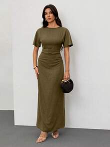 SHEIN Tall 女士夏季纯色亚麻混纺休闲优雅连衣裙 - 棕色 - 查看 6