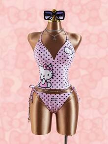 HELLO KITTY AND FRIENDS | SHEIN 女士波点卡通印花露背吊带上衣和侧系带三角泳裤连体泳衣 - 粉色 - 查看 1