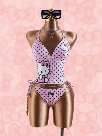 HELLO KITTY AND FRIENDS | SHEIN 女士波点卡通印花露背吊带上衣和侧系带三角泳裤连体泳衣