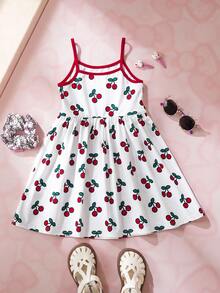 HELLO KITTY AND FRIENDS | SHEIN 年轻女孩夏季休闲度假卡通樱桃字母图案撞色包边连衣裙 - 紅白色 - 查看 2