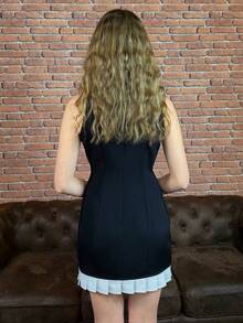 女士镂空金属扣荷叶边连衣裙派对 - 黑與白 - 查看 2