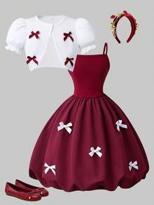 Tween GirlsRetro Elegant Red Bow Petal Sleeve Cardigan And White Bow Strap Peplum Dress Set, Sweet And Chic - Burgundy - View 1