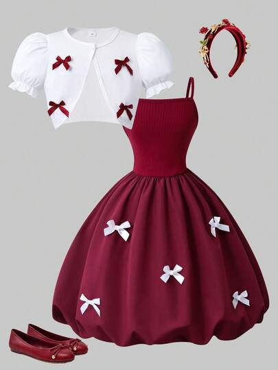 Tween GirlsRetro Elegant Red Bow Petal Sleeve Cardigan And White Bow Strap Peplum Dress Set, Sweet And Chic