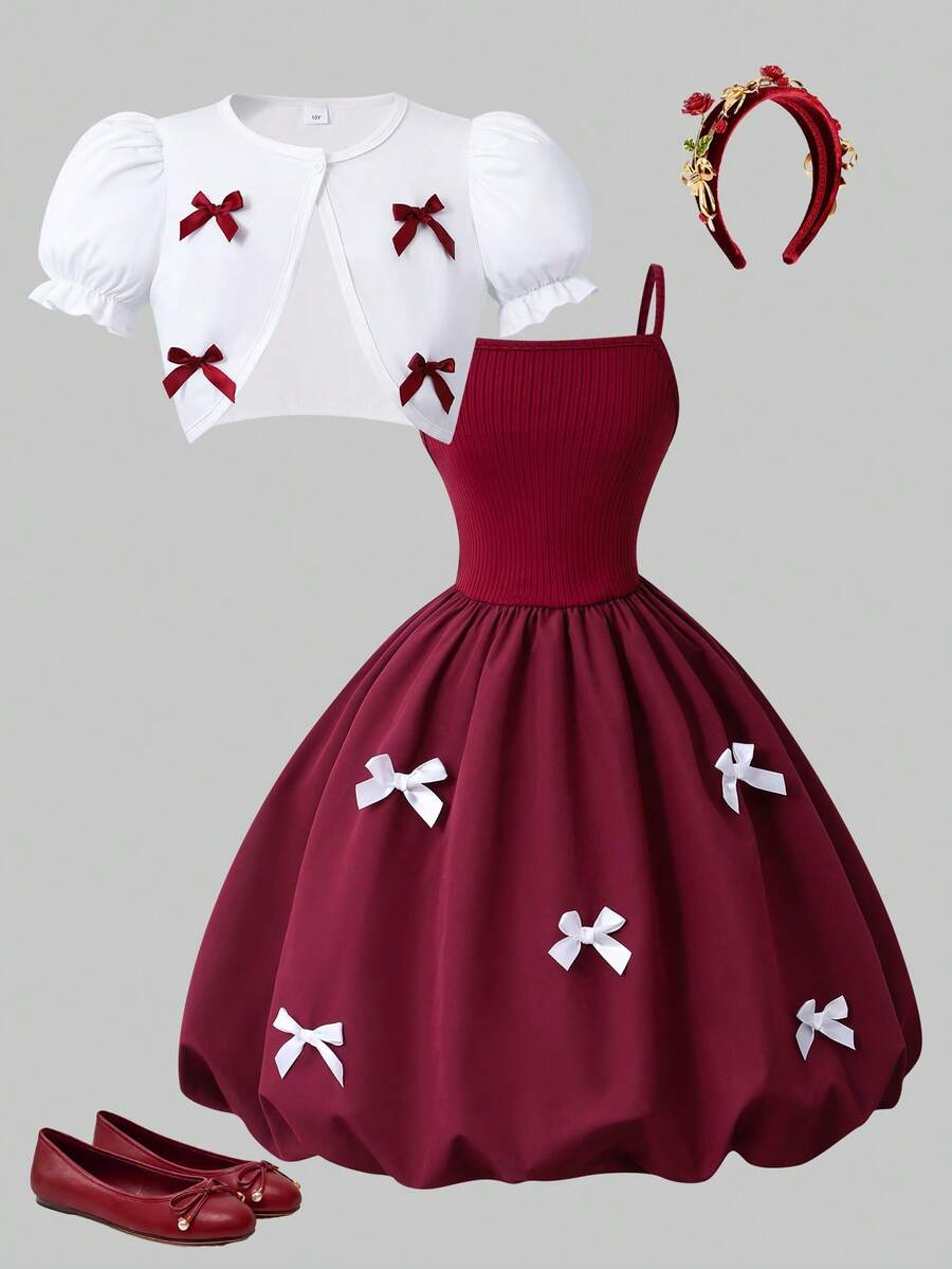 Tween GirlsRetro Elegant Red Bow Petal Sleeve Cardigan And White Bow Strap Peplum Dress Set, Sweet And Chic - Burgundy - View 1