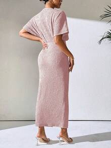 SHEIN Clasi 1件装女士纯色V领蝙蝠袖短袖褶皱开衩下摆优雅连衣裙长款女装套装女士优雅套装女装连衣裙女士礼服正装女士连衣裙高品质连衣裙 - 淺粉色 - 查看 2