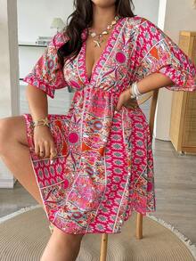 Vionelle 2026新款印花度假风宽松V领花瓣袖短裙，休闲显瘦设计，适合大码女性，女士度假连衣裙，夏季连衣裙，沙滩罩衫，度假连衣裙，波西米亚风连衣裙，曲线沙滩度假连衣裙，波西米亚风连衣裙，女士粉色印花连衣裙，女士夏季连衣裙，女士夏季套装，女士裹身裙，女士沙滩罩衫，女士假日连衣裙，度假装，女士度假连衣裙，女士夏季套装，沙滩装连衣裙，沙滩俱乐部罩衫，波西米亚风连衣裙，女士比基尼 - 玫紅色 - 查看 5