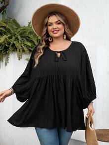 SHEIN CURVE+ Curve 尺码 US22 音乐节、海滨度假、波西米亚风女士纯色系带褶皱休闲百搭通勤灯笼袖衬衫 - 黑色 - 查看 5