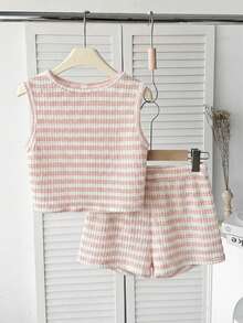 SHEIN Tween Girl Slim Fit Casual Minimalist Comfortable Round Neck Sleeveless Striped Bow Pattern Top And Pants Set Tween Girl - Pink - View 2