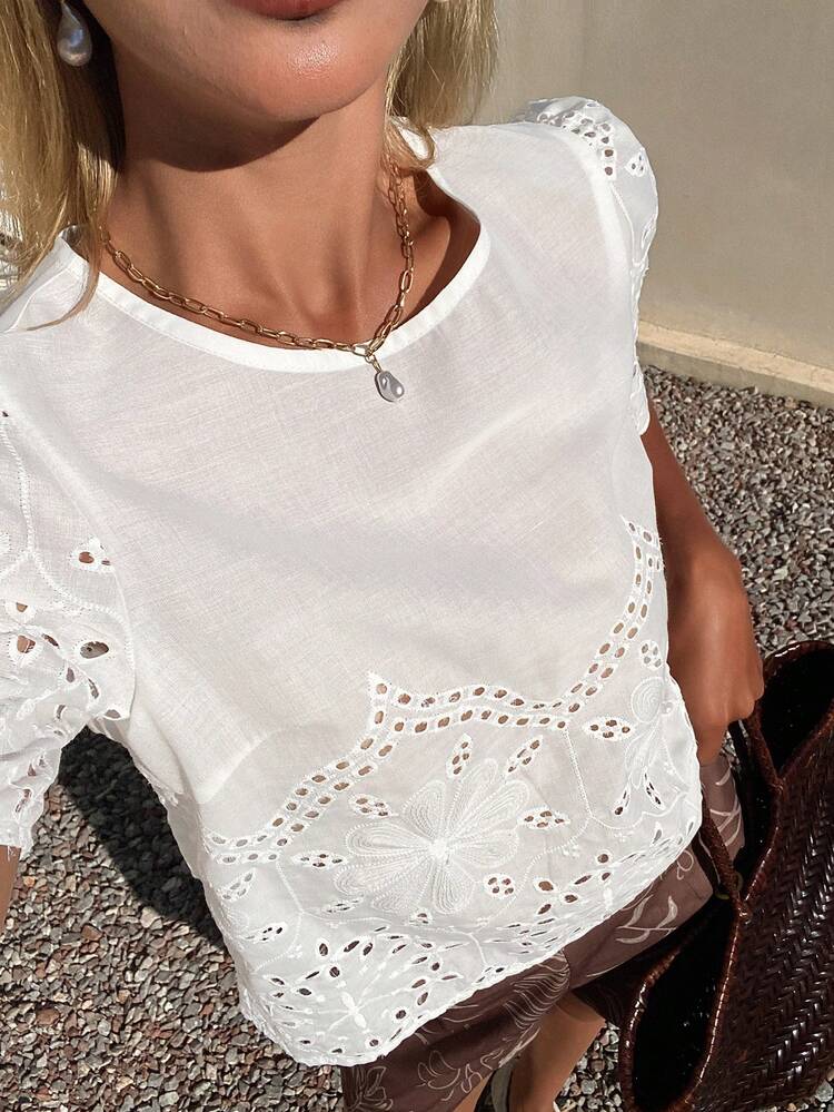 White Round Neck Short Sleeve Petal Sleeve Loose Solid Color Hollow Lace Trim Blouse For Women, Suitable For Holiday, Party, Spring & Summer