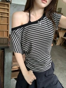 DAZY 女士条纹不对称肩短袖性感T恤 夏季 - 黑與白 - 查看 7