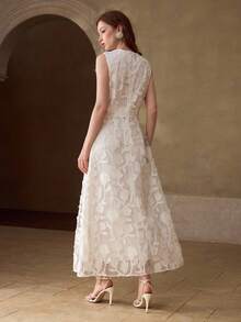 MOTF PREMIUM EMBROIDERED V-NECK SLEEVELESS BEADED ELEGANT VACATION WHITE DRESS - White - View 3